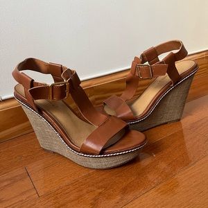 Brown Faux Leather Wedge Sandals